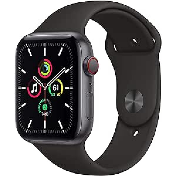 Apple Watch SE GPS + mobilais, 44 mm, kosmosa pelēks alumīnija korpuss ar melnu sporta jostu — parastais (atjaunots)