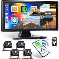 Hikity 4K atpakaļgaitas kameru sistēma ar bezvadu CarPlay Android automašīnas 10,36 collu skārienjutīgu displeja monitoru ar Bluetooth atbalstu dalīta ekrāna/WiFi video FM/Looping ierakstīšanas/USB 64 GB TF+4 kamerām