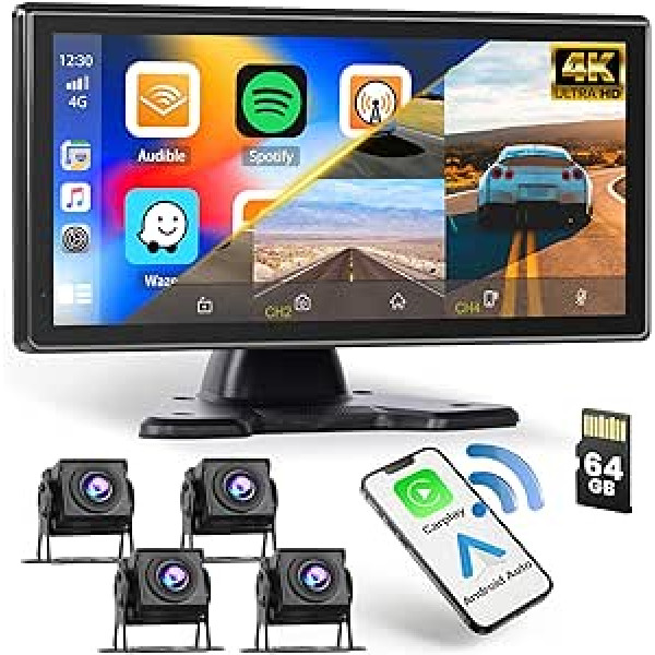 Hikity 4K atpakaļgaitas kameru sistēma ar bezvadu CarPlay Android automašīnas 10,36 collu skārienjutīgu displeja monitoru ar Bluetooth atbalstu dalīta ekrāna/WiFi video FM/Looping ierakstīšanas/USB 64 GB TF+4 kamerām