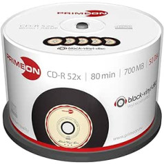 Primeon CD-R 80Min/700MB/52x Cakebox (50 Disc), black-vinyl-disc Surface, schwarz, beige,rot, 700 MB