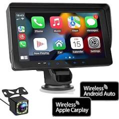 WSRADIOKITS portatīvais jaunākais bezvadu Apple CarPlay un Android automašīnas ekrāns automašīnai, 7 collu HD skārienekrāna automašīnas stereo iekārta ar spoguļa saiti, Bluetooth 5.2, rezerves kamera, AUX, FM raidītājs visiem