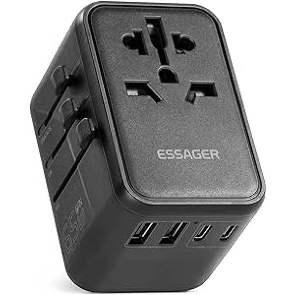 ESSAGER ceļojumu adapteris 65 W USB C lādētājs, EU ligzda 2500 W ar 2 USB, 2 USB C un 1 PD 65 W ātra uzlāde, ar ES/ASV/UK/AUS spraudni, ceļojumu spraudnis visā pasaulē ASV, Anglijai, Austrālijai, Eiropai,