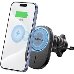 UGREEN bezvadu lādētājs automašīnas mobilā tālruņa turētājs ar uzlādes funkciju Magnētiskais bezvadu lādētājs saderīgs ar iPhone 15/15 Plus/15 Pro/15 Pro Max/14/13/12 sēriju, atbalsta gaidīšanas funkciju