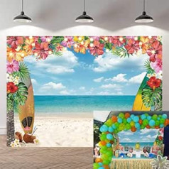 Summer Hawaii Beach Party Background Aloha Party Photo Background Tropical Flowers Palm Trees Blue Sky Ocean Decor Banner Baby Shower Accessories (2.3x1.8m)