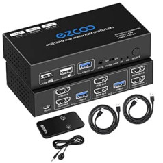 8K HDMI 2.1 KVM Switch Dual Monitor USB 3.0 2 Ports with Hotkey 8K 60Hz 4K 120Hz 48Gbps HDCP2.3 HDMI Extended Display Share 2 PC with a Keyboard Mous HDR D-olby Vision VRR IR Remote Control