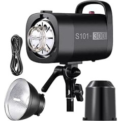 NEEWER S101-300W strobe zibspuldze ar 9 līmeņiem, 150 W regulēšanas lampa, 300 Ws GN58 5600K ar standarta Bowens montāžas atstarotāju, kluss S1/S2 ventilators fotostudijai, portrets, produkta uzņemšana