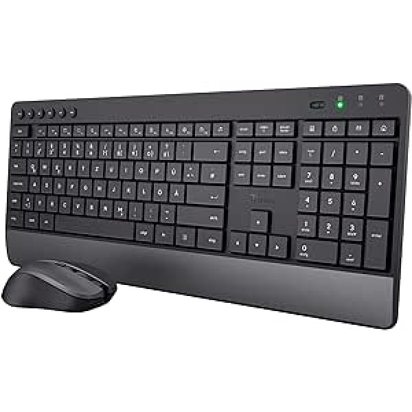 Trust bezvadu tastatūras peles komplekts, vācu QWERTZ izkārtojums, ilgtspējīgs dizains, bezvadu tastatūra ar bezvadu peli, klusa un ergonomiska kombinācija, 48 mēnešu akumulatora darbības laiks, 2,4 GHz, dators, klēpjdators, melns