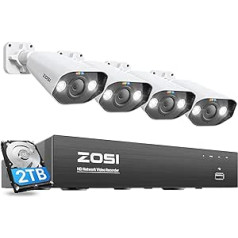 ZOSI 5MP āra novērošanas kameru komplekts, 8CH 4K 2TB HDD NVR un 4X 5MP PoE IP āra kamera, divvirzienu audio, personas un transportlīdzekļa noteikšana, prožektoru signalizācija, C1825A