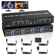 2 DisplayPort + HDMI KVM jungikliai 4 kompiuteriai 2 monitoriai, 4K 60Hz dviejų monitorių KVM jungikliai, skirti 4 kompiuteriams, bendrinti 2 monitorius su garso mikrofono išvestimi ir 3 USB 3.0 prievadais bendrinti pelės klaviatūrą