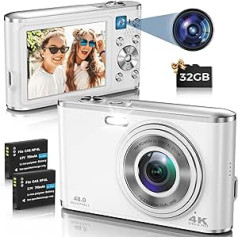 Autofokusa 4K digitālā kamera ar dubultu kameru ar 32 GB atmiņas karti HD 48MP 16X digitālā tālummaiņa 2,8 collu liela ekrāna fotokamera Kompakta kamera iesācējiem (balta)