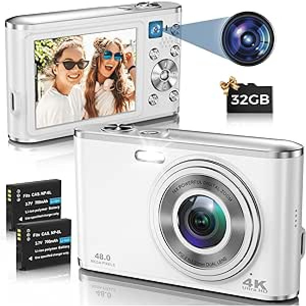 Autofokusa 4K digitālā kamera ar dubultu kameru ar 32 GB atmiņas karti HD 48MP 16X digitālā tālummaiņa 2,8 collu liela ekrāna fotokamera Kompakta kamera iesācējiem (balta)