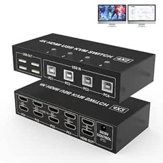 Divu monitoru HDMI KVM slēdzis 4 pieslēgvieta — 4K @ 60 Hz HDMI KVM slēdzis 4 dators 2 monitori 4 in2 out paplašinātais displejs — monitora tastatūras peles pārslēdzējs ar 4 USB kabeļiem USB barošanas kabeļa kontrolieris