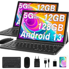 2024 Latest Tablet 10 Inch Android 13 with 12GB RAM + 128GB ROM 1TB TF, 5G+2.4G WiFi, GPS, Bluetooth 5.0, Google GMS, 6000mAh, Dual Camera 8+5MP, Cast, OTG, Type C, with Case, Keyboard & Mouse - Black