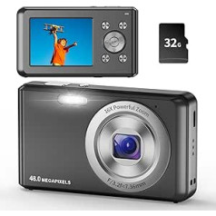 Digitālā kamera, HD 1080P fotokamera Kompakta kamera ar 32 GB karti, 50 MP kamera, 2,4 collu LCD 16X digitālā tālummaiņas digitālā kamera bērniem, meitenēm, pusaudžiem, zēniem, iesācējiem (melna)