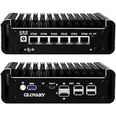 Glovary Firewall Mini PC Quad Core N100, DDR5 8GB RAM 128GB NVMe SSD, 6 x 2.5GbE i226V LAN bez ventilatora Ethernet dators, mikro maršrutētāja ierīce, AES-NI, OPNsense, TypeC ports, TF kartes slots