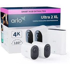 Arlo Ultra2 XL 4K IP āra novērošanas kamera, komplekts ar 2, 12 mēnešu akumulatora darbības laiku, bezvadu, gaisma, krāsains nakts redzamība, kustības detektors, sirēna, 3 mēnešu testa periods, Arlo Secure, balts XL, VMS524US 2-2-2-200000E