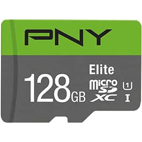 PNY Elite 128GB microSDXC-Speicherkarte + SD-adapteris, 100MB/s Lesegeschwindigkeit, Klasse 10 UHS-I, U1, A1 App Performance, V10 for Full-HD-Video