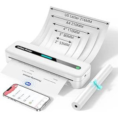 Asprink mobilais printeris, M832 Bluetooth termiskais printeris A4/110 mm/80 mm/53 mm/ASV vēstuļu termopapīram, mazs kompakts printeris Android un iOS ierīcēm — balts