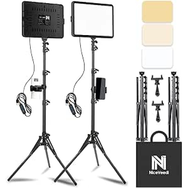 NiceVeedi 2 pieces LED video gaismas komplekts, 2800-6500K, aptumšojams, nepārtrauktas fotografēšanas apgaismojums ar 1,6 m statīva statīvu un tālruņa turētāju, studijas apgaismojums video ierakstīšanai, fotografēšanai, YouTube