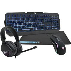 DeepGaming X-Wing 2 Pack Gaming 4-in-1 QWERTY membraninė klaviatūra su Ñ foniniu apšvietimu, optinė RGB pelė 7200 DPI ausinės su mikrofonu neslystančio kilimėlio kelių platformų žaidimų rinkinys