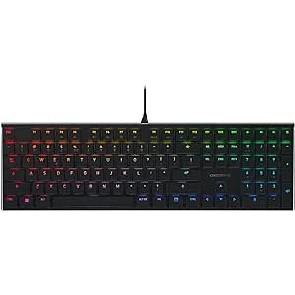 CHERRY MX 10.0N RGB, plokščia mechaninė žaidimų klaviatūra su RGB apšvietimu, JAV tarptautinis išdėstymas (QWERTY), laidinis, CHERRY MX žemo profilio RGB greičio jungikliai, juoda