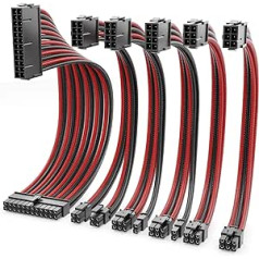 deleyCON Power Supply Cable Set 6-Piece 30 cm - Internal Graphics Card PC Computer Motherboard 18 AWG ATX 24-Pin EPS 4+4-Pin PCI Express 6+2-Pin & 6-Pin Power Cable Male to Female Black Red