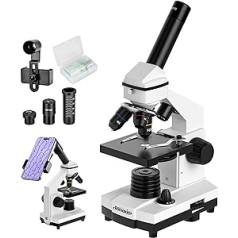 Aomekie mikroskops bērniem studentiem iesācējiem 40X-2000X ar okulāru (WF10X / 25X) un 2X Barov un 10 stikla asmeņiem ar tālruņa adapteri