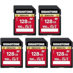 Gigastone Camera Plus 128GB SDXC atmiņas karte 5. Iepakojumā līdz 100 MB/s Canon Sony Nikon Olympus digitālajām kamerām 4K UHD video ierakstīšana UHS-I U3 V30 Class 10 ar 5 mini futrāļiem