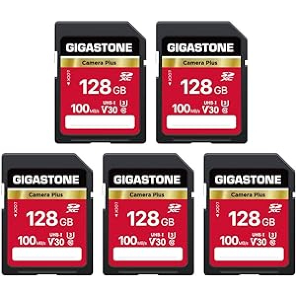 Gigastone Camera Plus 128GB SDXC atmiņas karte 5. Iepakojumā līdz 100 MB/s Canon Sony Nikon Olympus digitālajām kamerām 4K UHD video ierakstīšana UHS-I U3 V30 Class 10 ar 5 mini futrāļiem