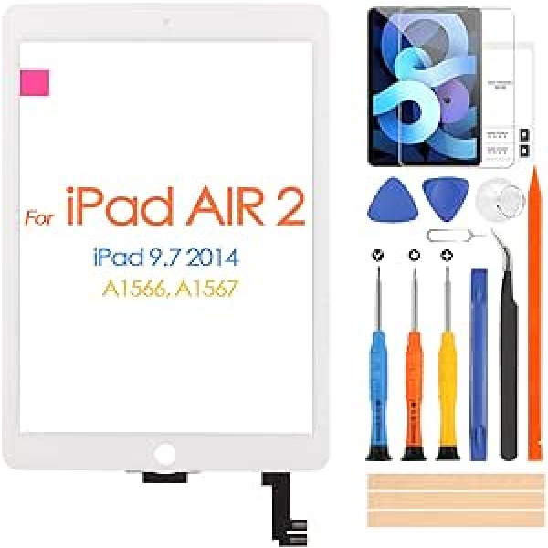 Paredzēts iPad 6 Air 2 9.7 A1566 A1567 Stikls iPad Air 2 digitizētājam ekrāna stikla panelim ar bezmaksas rūdītas plēves remonta komplektu (nav LCD displeja) (balts)