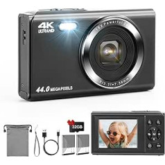 LAMA digitālā kamera, mini digitālās kameras, 4K 44MP fotokamera, autofokusa kompaktā kamera, 2,4 collu LCD 16x tālummaiņas zibspuldzes digitālā kamera ar 32G karti, 2 baterijām, fotokamera bērniem, pusaudžiem,