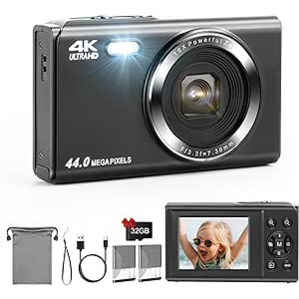 LAMA digitālā kamera, mini digitālās kameras, 4K 44MP fotokamera, autofokusa kompaktā kamera, 2,4 collu LCD 16x tālummaiņas zibspuldzes digitālā kamera ar 32G karti, 2 baterijām, fotokamera bērniem, pusaudžiem,