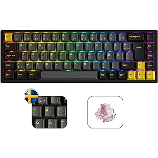 Akko 3068B Plus RGB mehāniskā tastatūra, daudzrežīmu kompakta mini tastatūra ar 5 kontaktu karsti maināmu, PBT Double Shot Cherry taustiņu vāciņi, ISO Ziemeļu izkārtojums, programmējami makro spēlētājiem/darbiniekiem