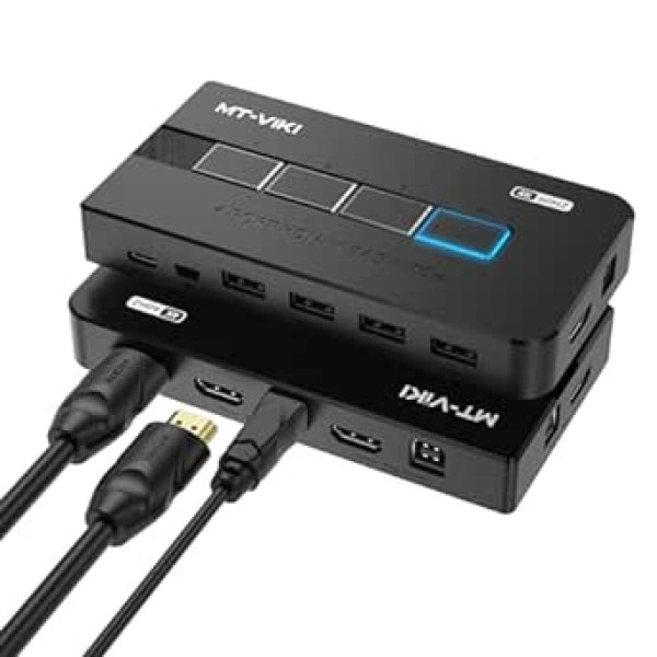 MT-VIKI 4K60Hz HDMI KVM slēdzis 4 ports ar karsto taustiņu 4 dators 1 monitors atbalsta tastatūru, peli un skaļruni, ieskaitot 5 V uzlādes portu, 4 USB kabeļus un 4 HDMI 2.0 kabeļu automātisko skenēšanu