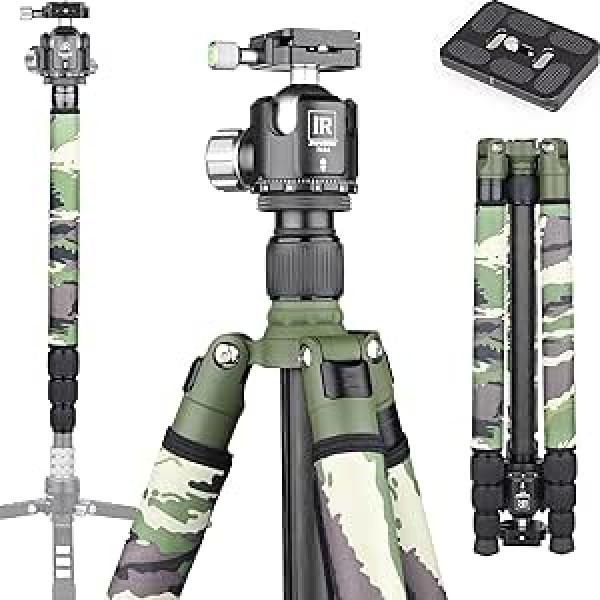 INNOREL RT75CG oglekļa šķiedras statīvs 172 cm 2-in-1 statīvs Monopods Profesionāls lieljaudas kameras statīvs Maksimālā slodze 20 kg Max caurule 29 mm ar centrālo kolonnu N44 lodveida galvas statīva soma (RT75CG+N44)