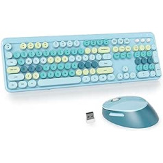 SOLIDEE bezvadu tastatūras un peles kombinācija, retro rakstāmmašīnas tastatūra, 2,4 GHz krāsaina apaļa tastatūra ar ciparu tastatūru, 104 taustiņu ergonomiskā tastatūra (jauktā zilā krāsā)