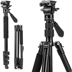 Fotopro 168 cm/66 collu video statīvs, alumīnija ceļojumu statīvs un monopods ar 360° šķidro galvu, profesionāls kameras statīvs, kas paredzēts DSLR Canon Nikon Sony, slodze līdz 10 kg/22 mārciņas