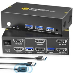 USB 3.0 HDMI KVM slēdzis 2 datori 2 monitori 4K @ 60 Hz, HDMI 2.0, HDCP2.2, pogu slēdzis, KVM slēdži 2 monitori ar 3 USB 3.0 portiem, savietojams ar plašu sistēmu un ierīču klāstu