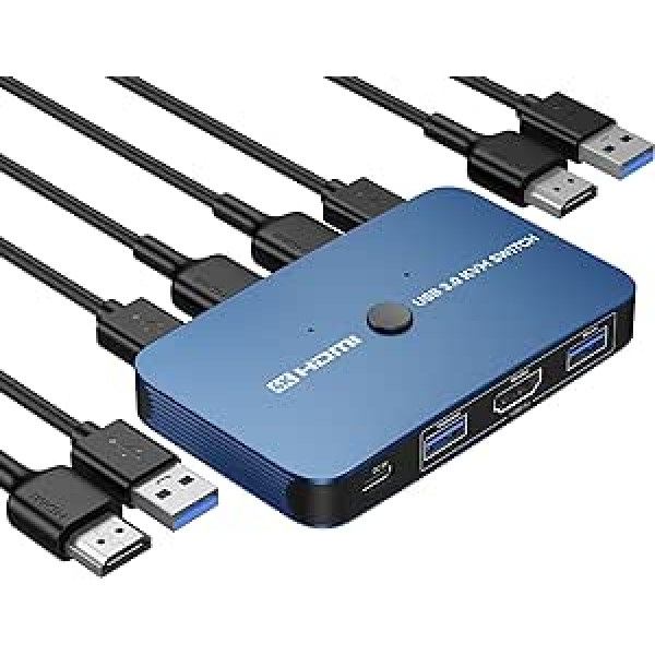 ABLEWE KVM Switch, Aluminum KVM Switch HDMI, USB Switch for 2 Computers, Mouse Sharing, Supports 4K@60Hz, 2 HDMI Cables and 2 USB Cables Included (Blue)