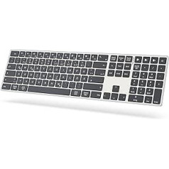 Bezvadu tastatūra, Bluetooth pilna izmēra tastatūra ar ciparu tastatūru, uzlādējama tastatūra ar pārslēgšanos uz 3 ierīcēm personālajam datoram, klēpjdators, MacBook Pro/Air, iPad/iPhone/iMac, viedtālrunis pelēks