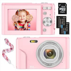 Digitālā kamera 1080P HD 36 megapikseļu videokamera 2,4 collu LCD digitālā kamera Uzlādējama fotokamera ar 16X digitālās tālummaiņas kompakto kameru ar SD karti pieaugušajiem / bērniem / iesācējiem (rozā)