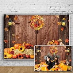 Autumn Pumpkin Photography Background 3 x 2 m Autumn Barn Door Harvest Hay Leaves Wooden Background Sunflower Maple Baby Shower Banner Decoration Halloween Party Accessories Photo Booth Prop