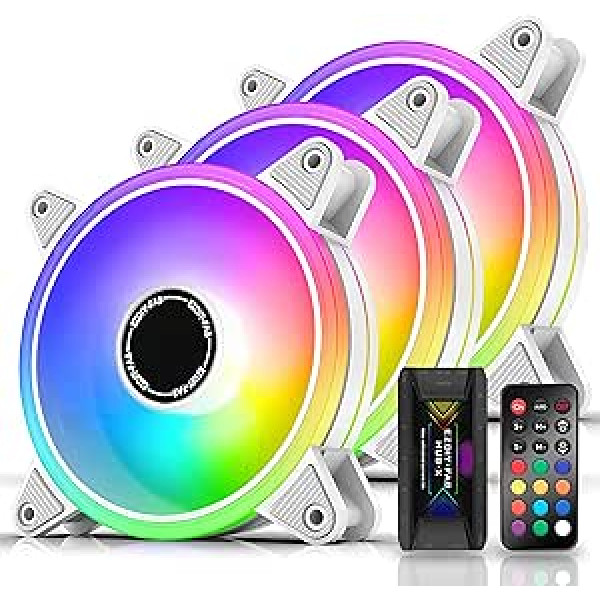 EZDIY-FAB Moonlight RGB Case 120 mm with Fan Hub X and Remote Control, Motherboard Aura SYNC, Speed Control, Conductive Fan for PC Case, White, Pack of 3