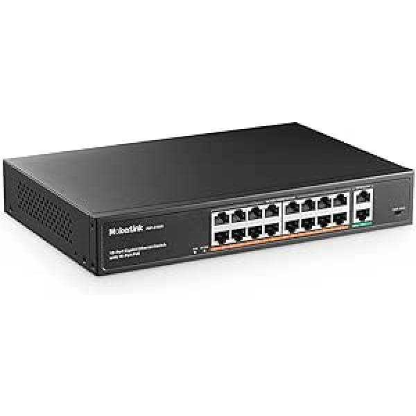 MokerLink 16 portu gigabitu PoE slēdzis, 2 gigabitu augšupsaite, 250 W IEEE802.3af/at, nepārvaldīts rackmount Plug and Play Ethernet slēdzis