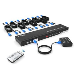 MT-VIKI KVM Switch HDMI 8 portu HDMI konsole 8 in 1 Out ar IR tālvadības pulti 8 x KVM kabelis darbvirsmas selektors 4 USB ports auto skenēšana 2 x statnes komplekts 4K30Hz