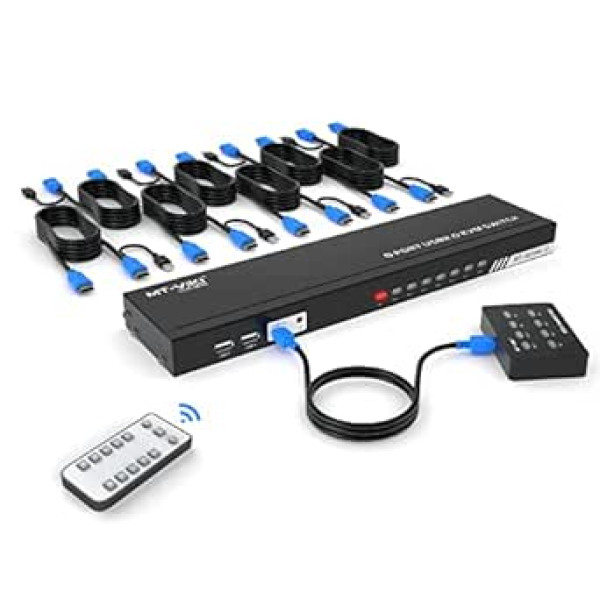 MT-VIKI KVM Switch HDMI 8 portu HDMI konsole 8 in 1 Out ar IR tālvadības pulti 8 x KVM kabelis darbvirsmas selektors 4 USB ports auto skenēšana 2 x statnes komplekts 4K30Hz