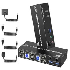 8K @ 60Hz USB 3.0 Dual Monitor HDMI KVM Switch 2Port, HDMI KVM Switch for 2 Monitors 2 Computers with 3USB 3.0 Ports, Extended Display Switcher with Audio Mikrofons, PC Monitor Keyboard Mouse Switch