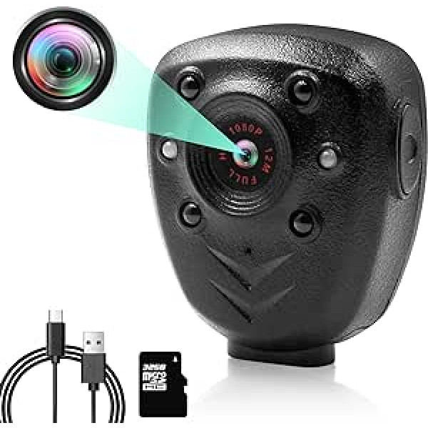 TANGMI mini kamera, 1080p HD maza novērošanas kamera ar nakts redzamību 4 IR LED, integrēta SD karte 32 GB, pārnēsājams video ierakstītājs policijas tiesībaizsardzībai, mājas novērošana