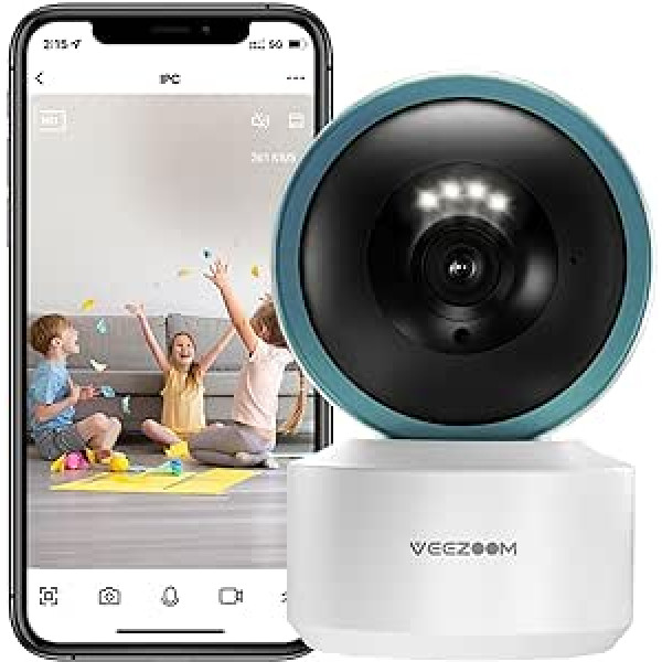 VEEZOOM iekštelpu novērošanas kamera 360 grādi, 2K 4MP WiFi kamera iekštelpās ar kustības noteikšanu, 2,4 G mājdzīvnieku/mazuļu monitora kamera ar pilnkrāsu nakts redzamību, divvirzienu audio, mākoņa un SD kartes krātuve, U4G