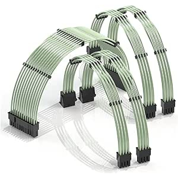 LINKUP - 30 cm Power Supply Cable Extension 18AWG Oxygen-Free Copper Teflon Sheath Custom Mod GPU PC with Comb Kit | 1 x 24 P (20+4) | 2 x 8 P (4+4) CPU | 2 x 8 P (6+2) GPU Set | 300 mm - Green